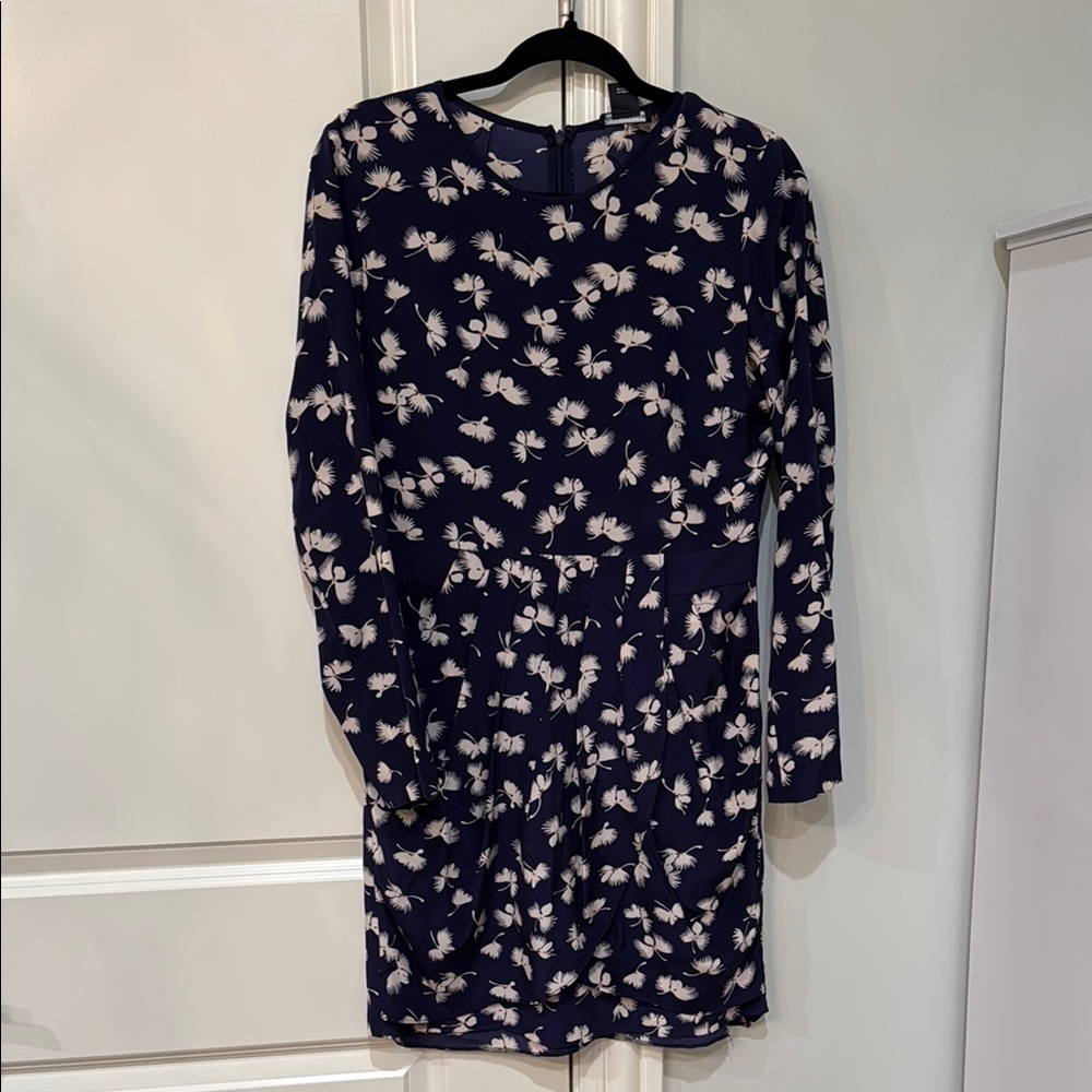 Club Monaco Silk Navy Dress with Cream Floral Design